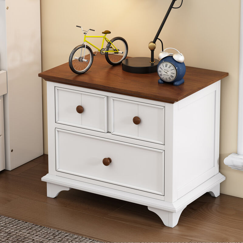 Wooden Captain Two-Drawer Nightstand Kids Nightstand End Side Table for Bedroom, Living Room, Kids' Room, White+Walnut
