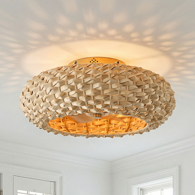 20.5" Farmhouse Antique Gold Caged Hand Woven Bamboo Ceiling Fan with Light and Remote for Bedroom, Hallway or Dining Hall image number 1