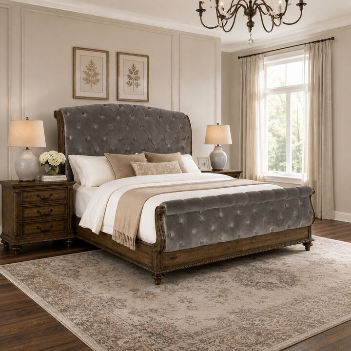 Queen Bedroom Set, Gray, Brown Wood, 3 Piece Set with 2 Nightstands