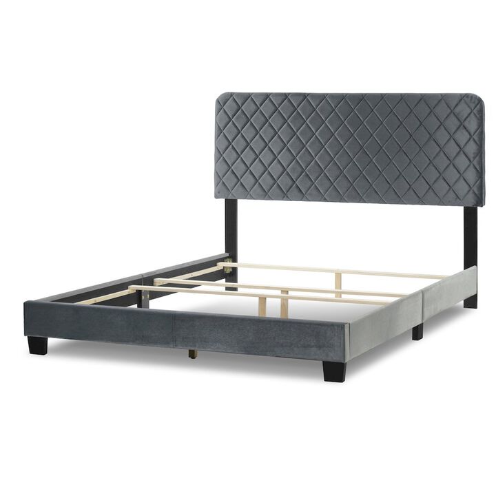Glamour Home Aurum Silver Gray Velvety Fabric Queen Bed with Decorative Stitching