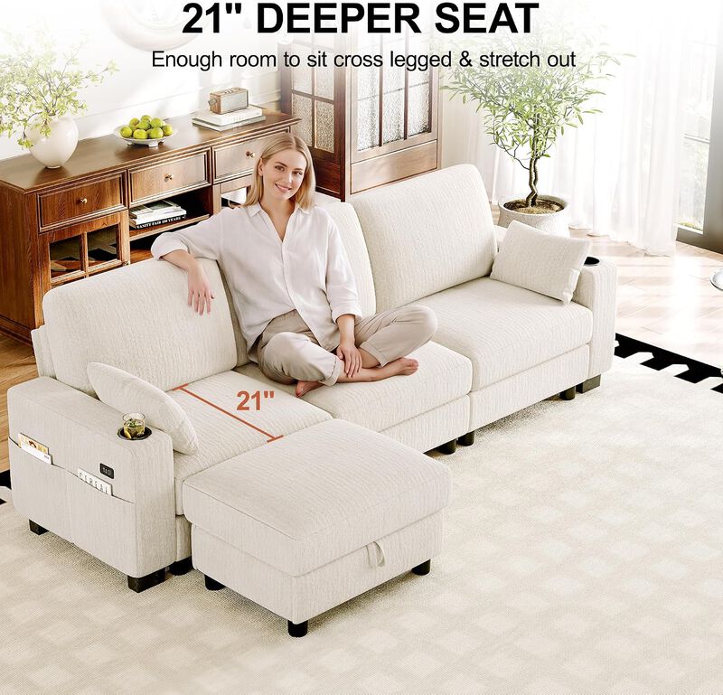 Vipbear 100 Inch Modular Sectional Sofa, Soft Chenille L Shaped Couch with Moveable Storage Ottoman image number 5
