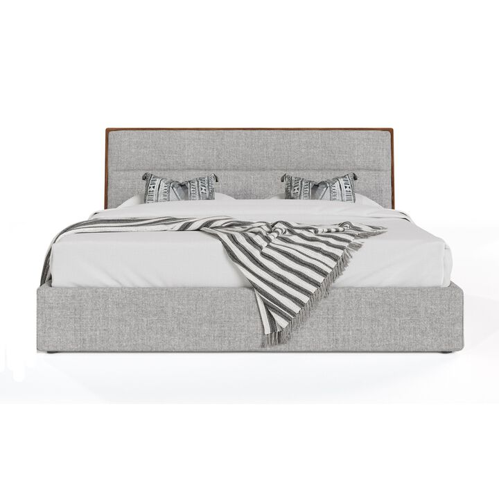 Aki Queen Size Platform Bed, Cushioned Upholstery, Gray Polyester, Walnut - Benzara
