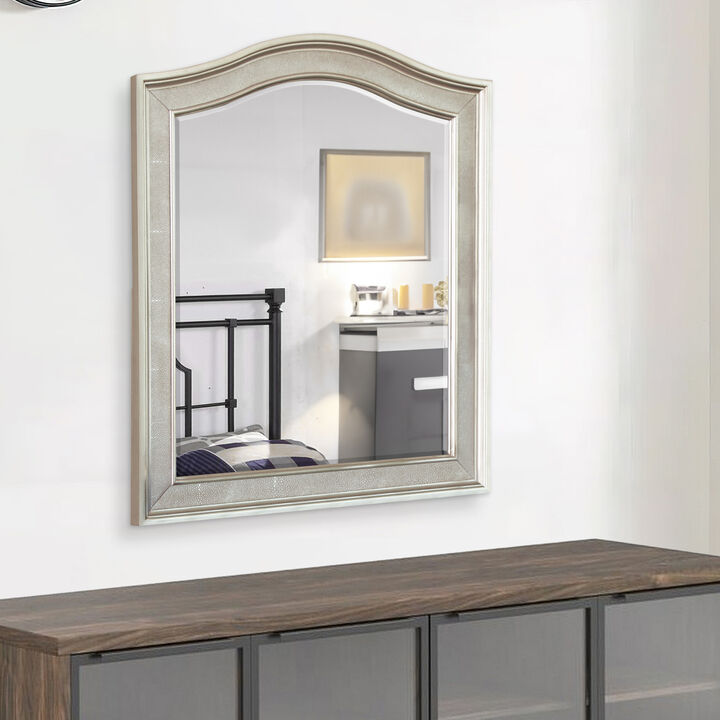 36 Inch Wooden Frame Arched Vanity Mirror, Silver-Benzara