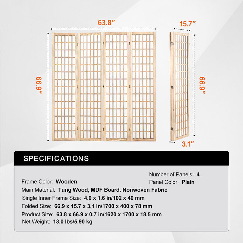 Natural 4 Panel Folding Room Divider Privacy Screen for Bedroom Office image number 2
