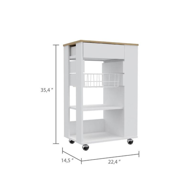 DEPOT E-SHOP Rosemont Kitchen Cart, Two Open Shelves, Rack, Four Caster Wheels, One Drawer-White-Light Oak, For Kitchen