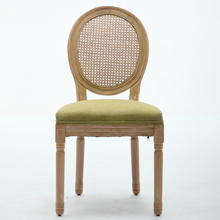Whisen French Style Dining Chair, Solid Rubberwood Frame with Linen Upholstery and Rattan Back, Armless Set of 2 for Living Room Kitchen