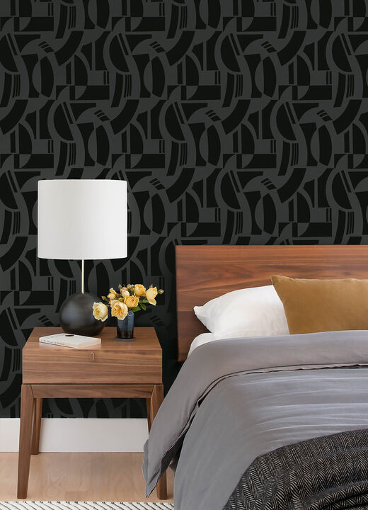 Carter Black Geometric Flock Wallpaper