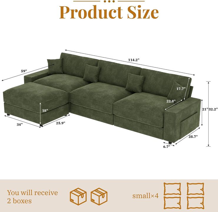 Vipbear 114.2" Modular L-Shaped Sectional Sofa, Oversized Cloud Couch with Ottoman for Living Room