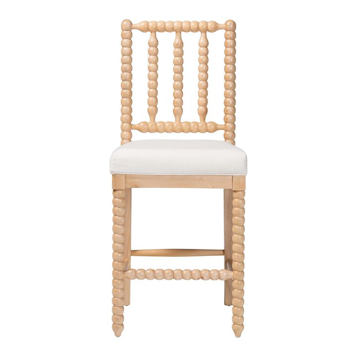 bali & pari Deya Bobbin Counter Stool - Sculptural Wood Kitchen Seating with Upholstered Seat and Spindle Back