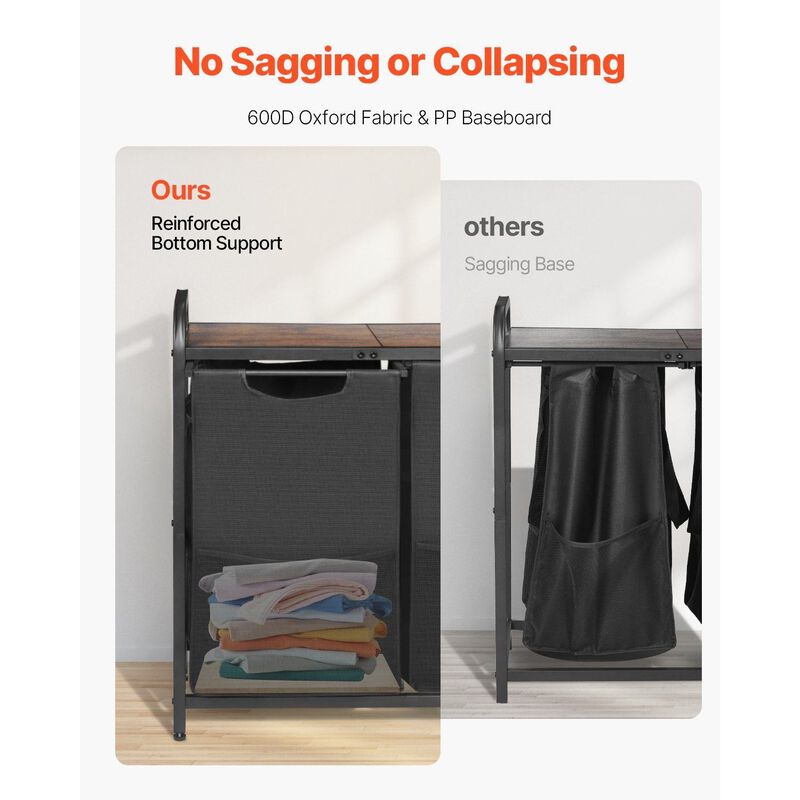 2 Compartment Laundry Sorter with Pull Out Oxford Bags, Freestanding Hamper with Shelf-Black image number 4