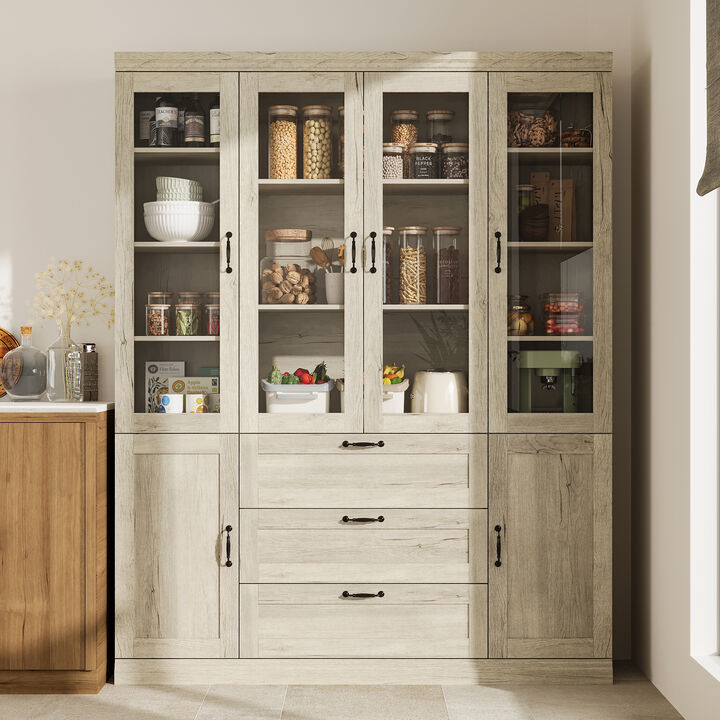 FUFU&GAGA Modern Gray-White Woodgrain Wardrobe with Glass Doors and Drawers Large Capacity Storage 63 in. L x 15.6 in. W x 79.9 in. H