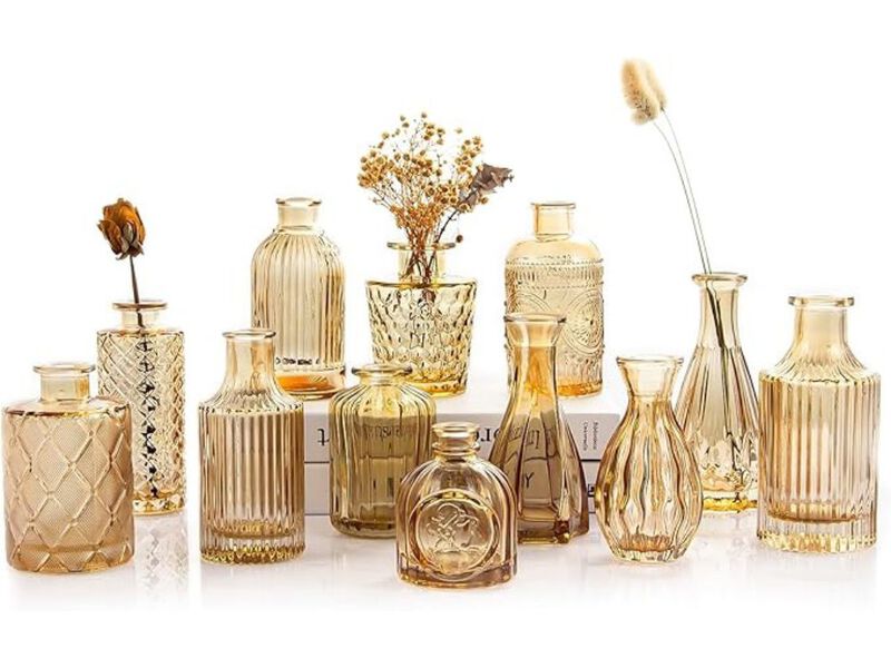 Set of 12 Gold Amber Glass Bud Vases &ndash; Vintage Mini Centerpieces image number 0