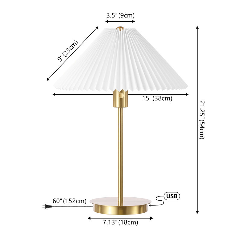 Freida Modern Glam Metal Column LED Table Lamp with USB Charging Port and Pleated Shade