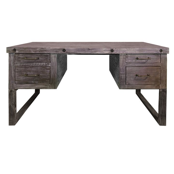 61 Inch Rustic Style Home Office Desk, Brazilian Pine, 4 Drawers, Distressed Gray-Benzara