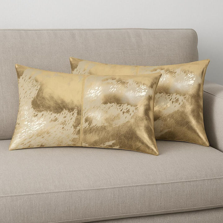 HomeRoots Set of Two 12" X 20" Natural And Gold Lumbar Cowhide Throw Pillows
