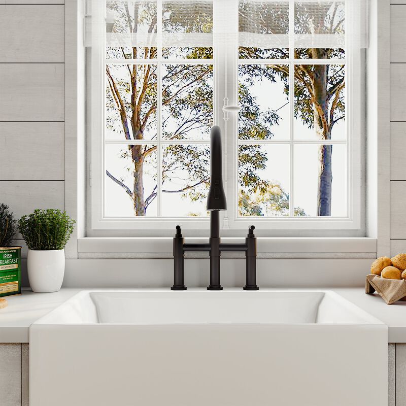 Mondawe 3 Way Spray Function Bridge Kitchen Faucet with Pull Down Sprayer 8" Widespread 360 Swivel Spout