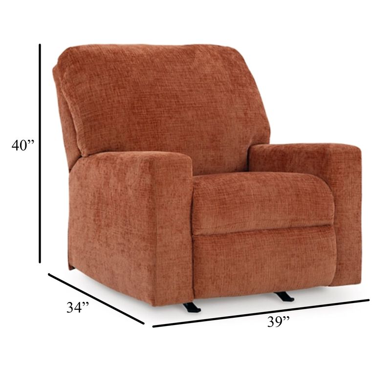 Avie Rocker Recliner Chair, Gentle Motion, Burnt Orange Polyester - Benzara