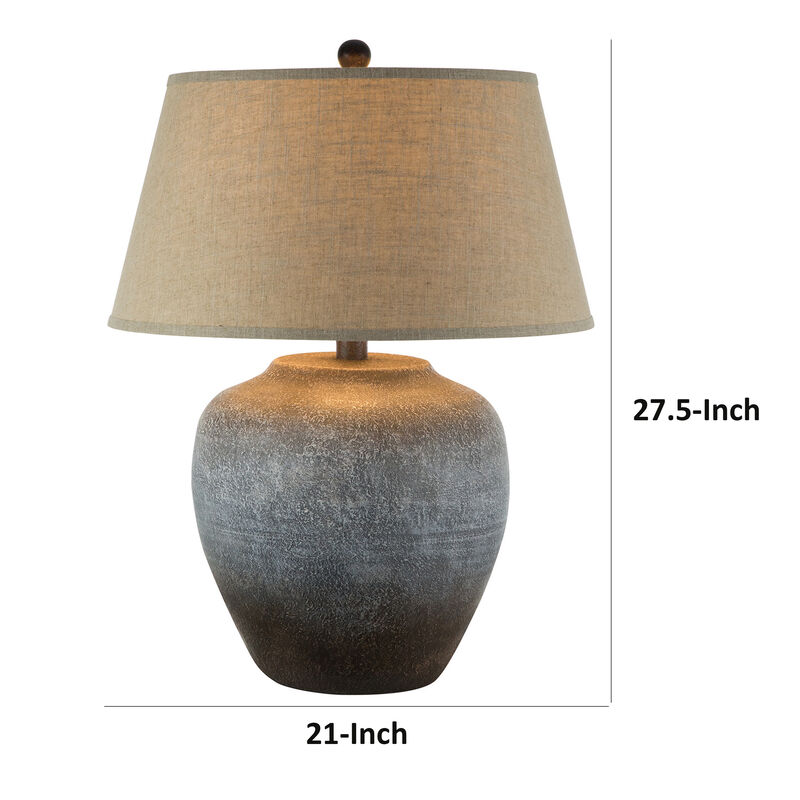 Buen 28 Inch Hydrocal Table Lamp, Drum Shade, Urn Base, Gray Rust Frost - Benzara