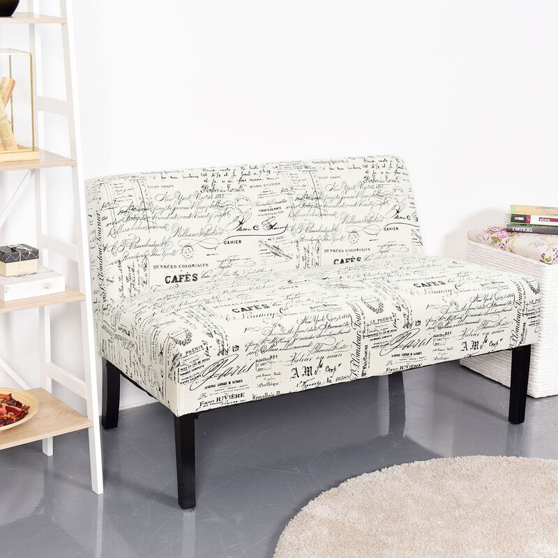 Hivvago Modern Loveseat Sofa with Off-White Cursive Pattern Upholstery and Black Wood Legs