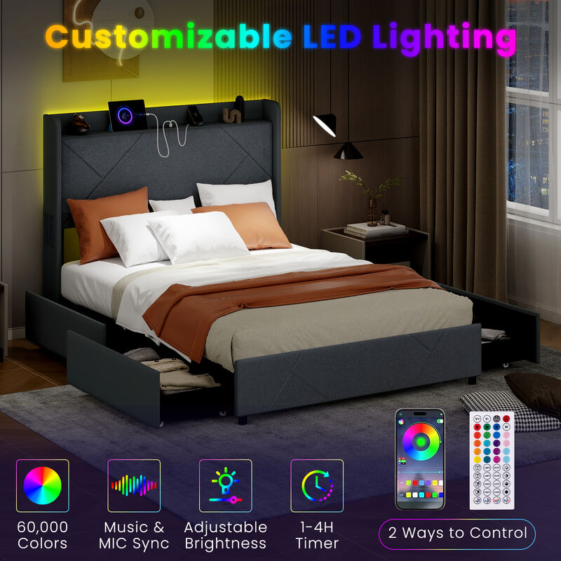 Bed Frame with LED Lights and Built-In Charging Station for Modern Style and Convenient Functionality