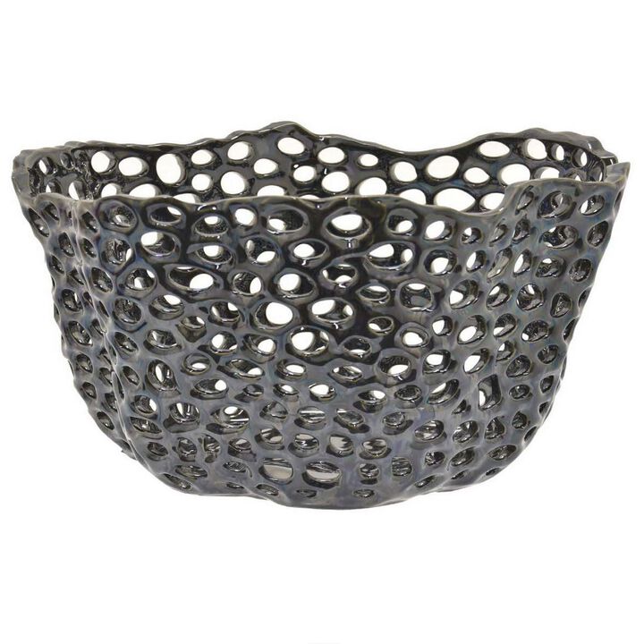Hina 14 Inch Decorative Bowl, Mesh Design, Wavy Edges, Ceramic Blue Finish - Benzara