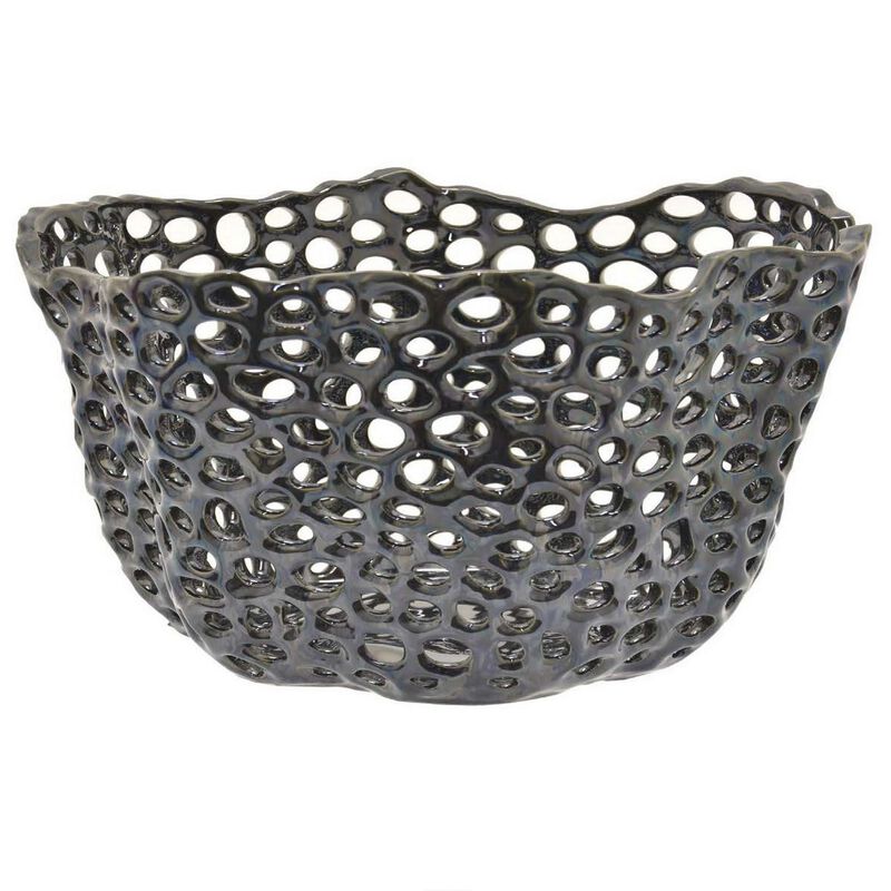 Hina 14 Inch Decorative Bowl, Mesh Design, Wavy Edges, Ceramic Blue Finish - Benzara