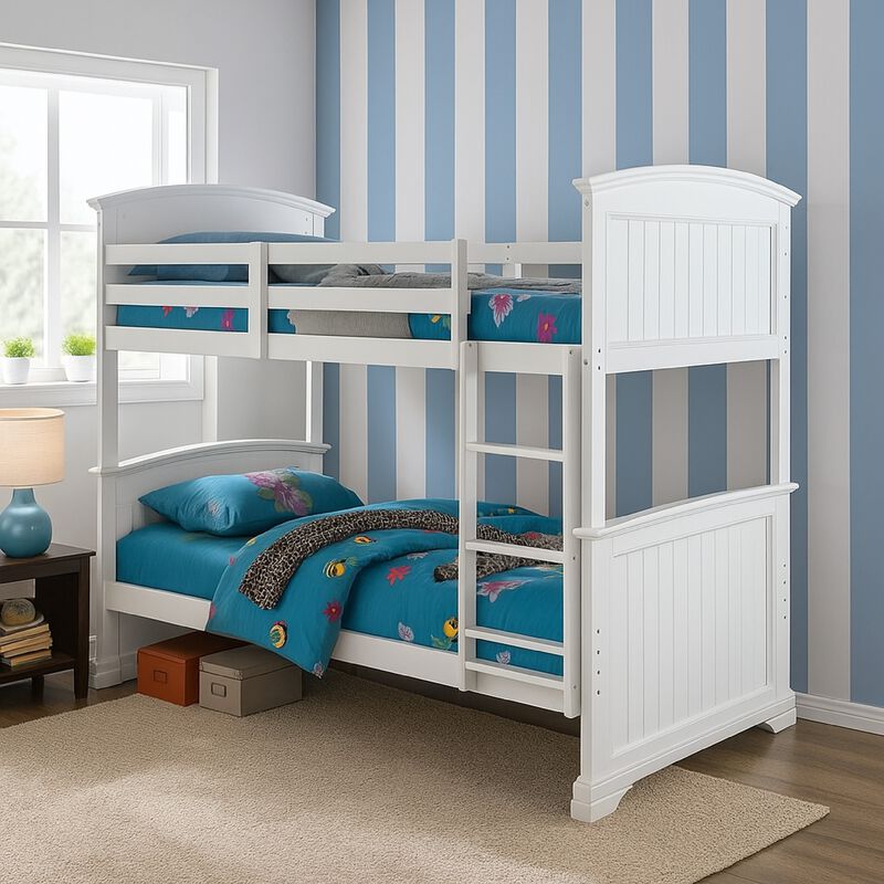Rexo Twin over Full Bunk Bed with Ladder, Plank Style Headboard, White image number 1