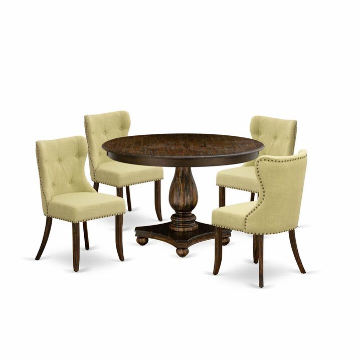 East West Furniture 5-Piece Kitchen Table Set - Pedestal Dining Table and 4 Limelight Color Parson Dining Room Chairs with Button Tufted Back - Distressed Jacobean Finish