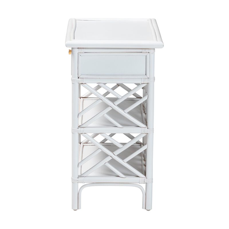 bali & pari Tiaret Natural Rattan Nightstand with Drawer and Shelves – Chippendale-Style Bedside Table for Bedroom or Coastal Living Spaces, White