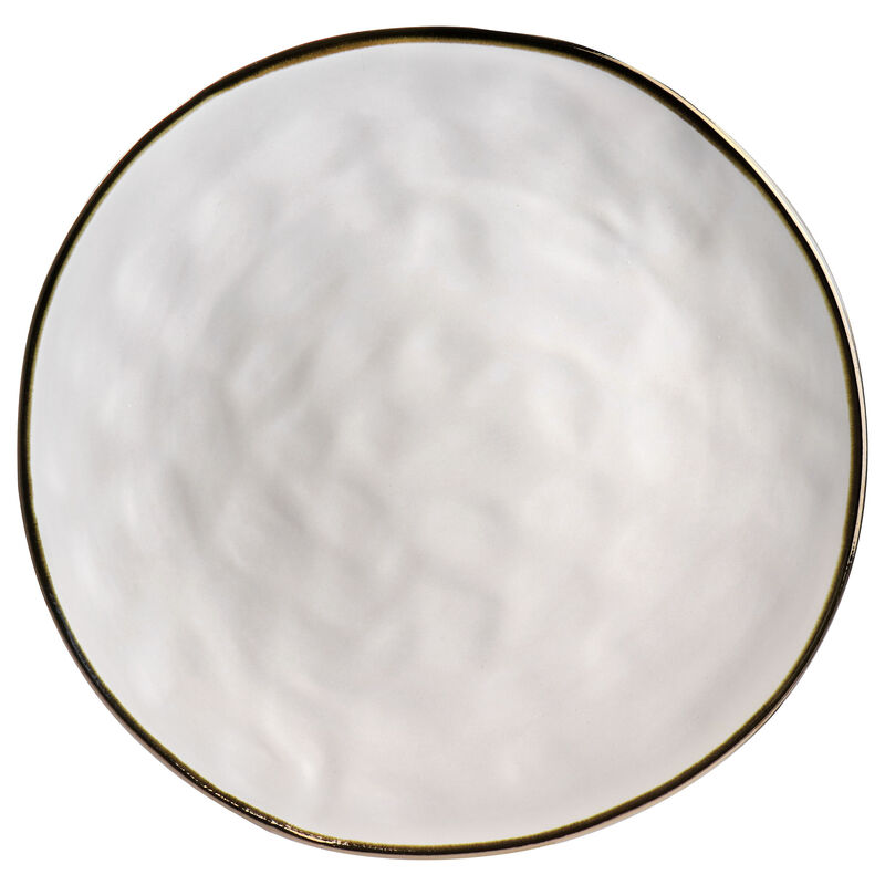 Elama Modern 16 Piece Stoneware Dinnerware Set in Matte White with Gold Rim