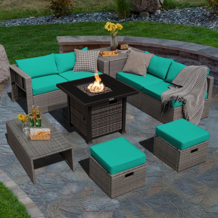Hivvago 9 Pieces Outdoor Patio Furniture Set with 32-Inch Propane Fire Pit Table
