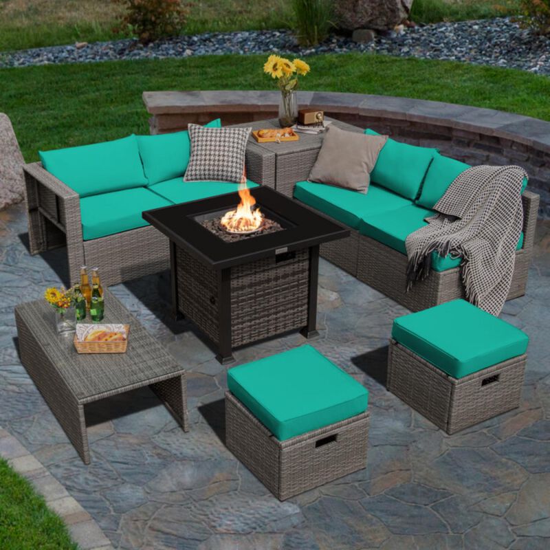 Hivvago 9 Pieces Outdoor Patio Furniture Set with 32-Inch Propane Fire Pit Table