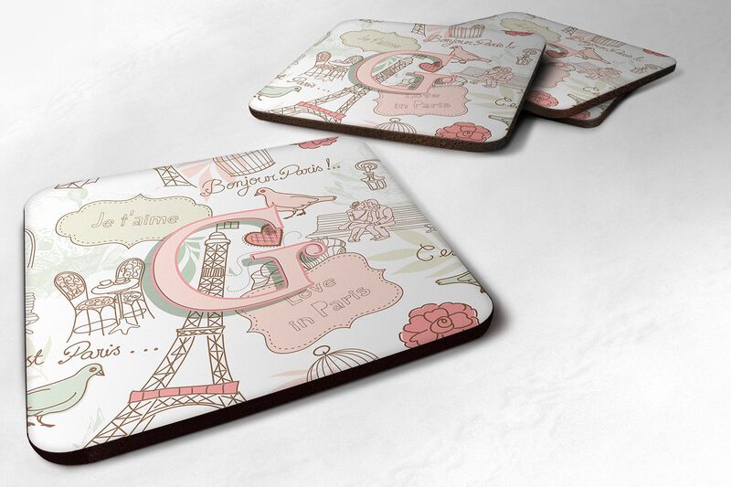 Caroline's Treasures CJ2002-GFC Letter G Love in Paris Pink Foam Coasters (Set of 4), 3.5, Multicolor