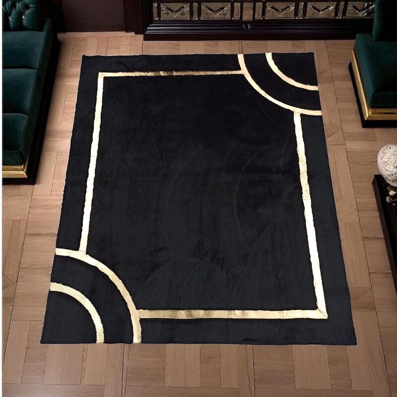 Black Geometric Gold Border Plush Rug image number 4