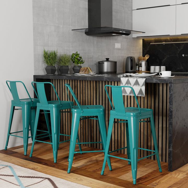 Simpli Home Rayne 24 Inch Metal Counter Height Stool (Set Of 4) In Teal Blue