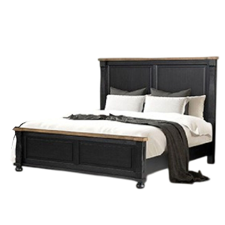 Ginie King Bed, Tall Headboard, Farmhouse Legs, Black Oak Brown Oak - Benzara