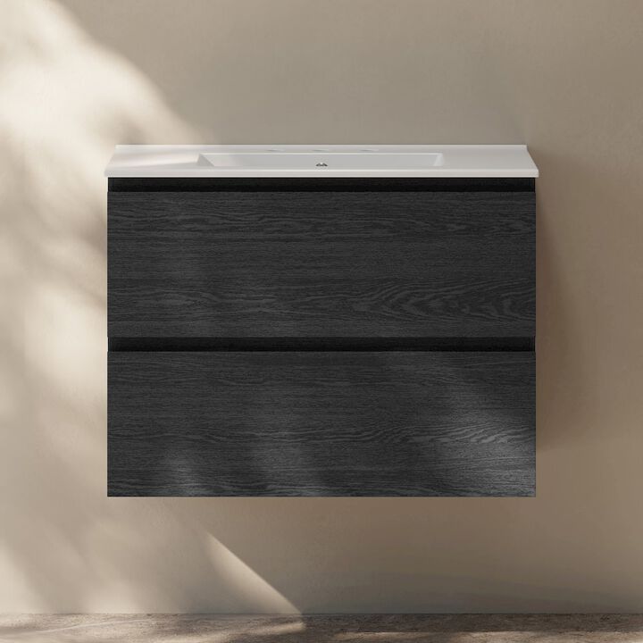 30" Wall-Mounted Bathroom Vanity in Black Oak with 3-Hole Widespread Sink Top