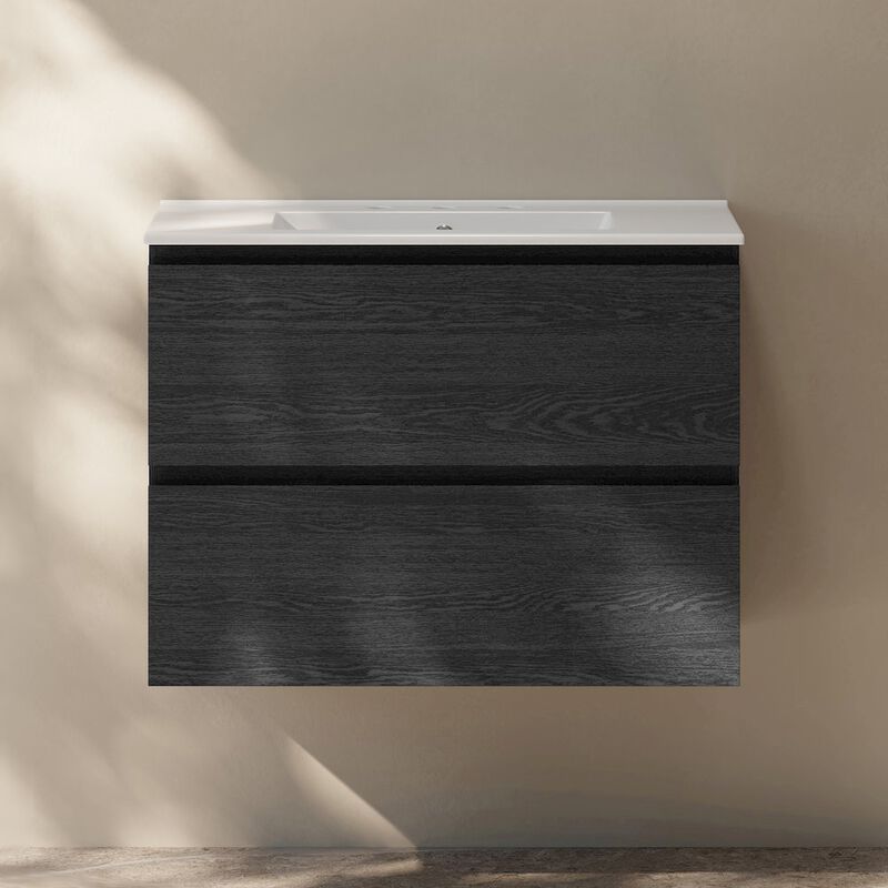 30" Wall-Mounted Bathroom Vanity in Black Oak with 3-Hole Widespread Sink Top image number 1