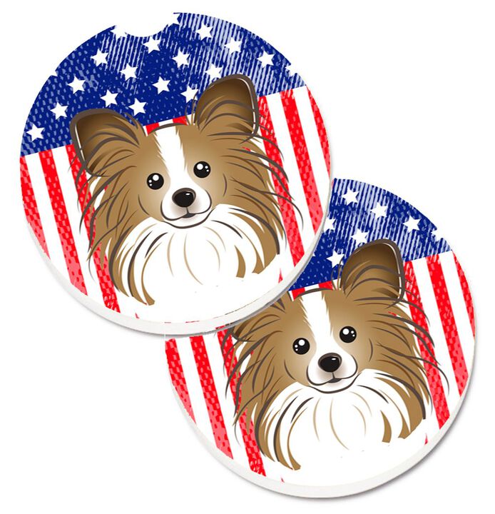 Caroline's Treasures American Flag & Papillon Set of 2 Cup Holder Car Coasters BB2178CARC, 2.56, Multicolor