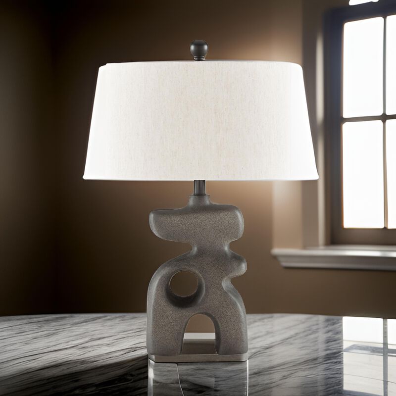 Nacy 27 Inch Table Lamp, White Oval Fabric Shade, Black Artisan Style Base - Benzara