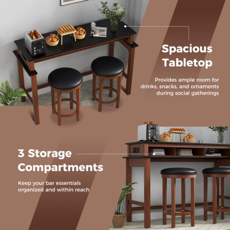 Hivvago 3-Piece Home Bar Set with 2 Upholstered Bar Stools, Outlets and USB Ports