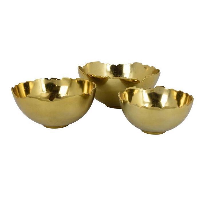 Bonz Set of 3 Bowls, Unique Top Shape, Round Base, Gold Metal Finish - Benzara