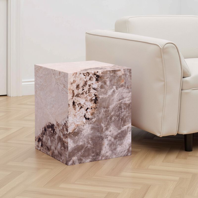 Itah Accent End Table, Square, White and Brown Faux Stone, 16 Inch