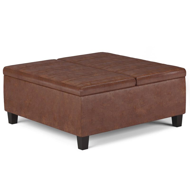 Simpli Home Ellis Coffee Table Storage Ottoman In Distressed Saddle Brown Vegan Faux Leather