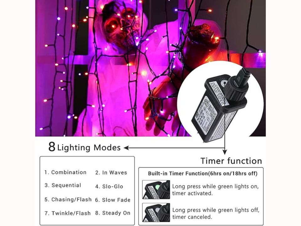 114FT Halloween String Lights – 300 LED Orange & Purple Plug-In with 8 Modes, Waterproof & Connectable for Indoor/Outdoor Decorl