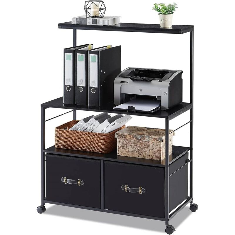 Modern Industrial Printer Stand File Cabinet – Metal Frame, Wood Top & Fabric Drawers