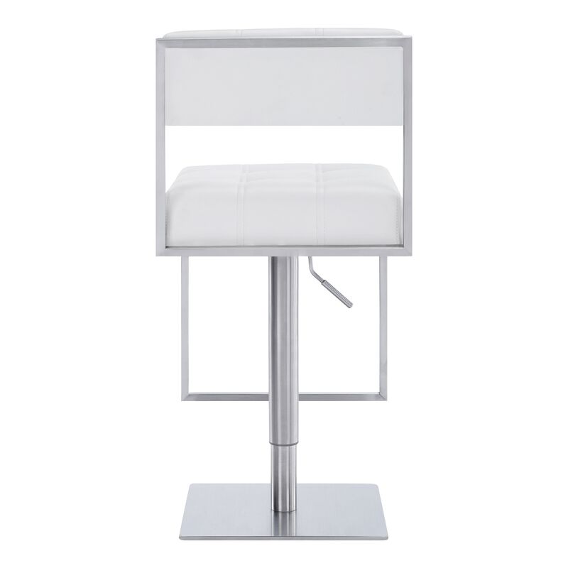 35 Inch Metal and Leatherette Barstool, Silver and White-Benzara