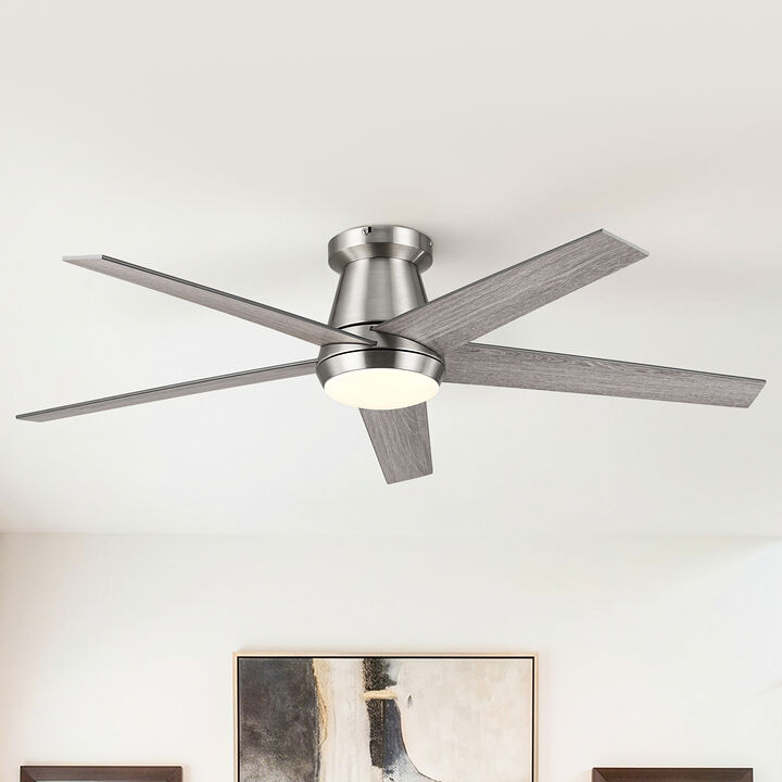 52" Satin Nickel Modern Flush Mount Dimmable Reversible 5 Blades Hugger Ceiling Fan with APP Control and Remote