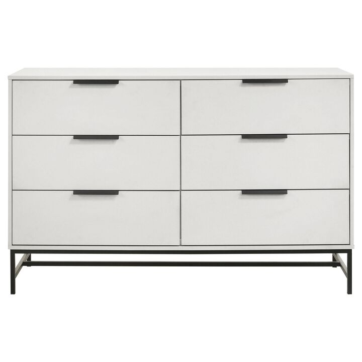 Noro Wide Dresser, 6 Storage Drawers, Modern White, Black Metal Legs - Benzara