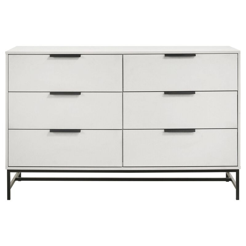 Noro Wide Dresser, 6 Storage Drawers, Modern White, Black Metal Legs - Benzara